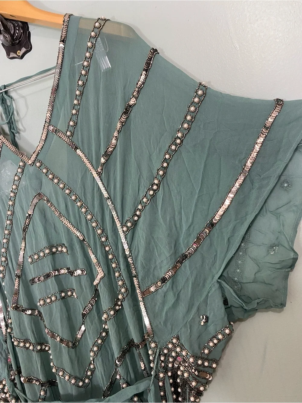 Free People Jens Pirate Booty Space Odyssey Kaftan Green Embellished Beaded XS/S
